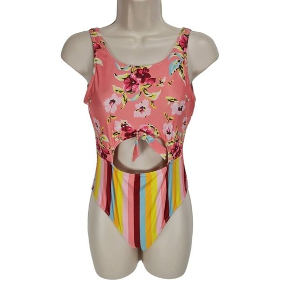 VOLCOM Women Junior Size 14 Floral One Pcs Swimsuit Cut Out Waist Pullover 255P - Picture 1 of 6